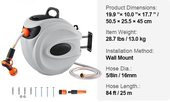 Product dimensions diagram showing 19.9x10x17.7 inch size, 28.7 lbs weight, wall mount installation, 5/8 inch hose diameter, and 84 ft hose length