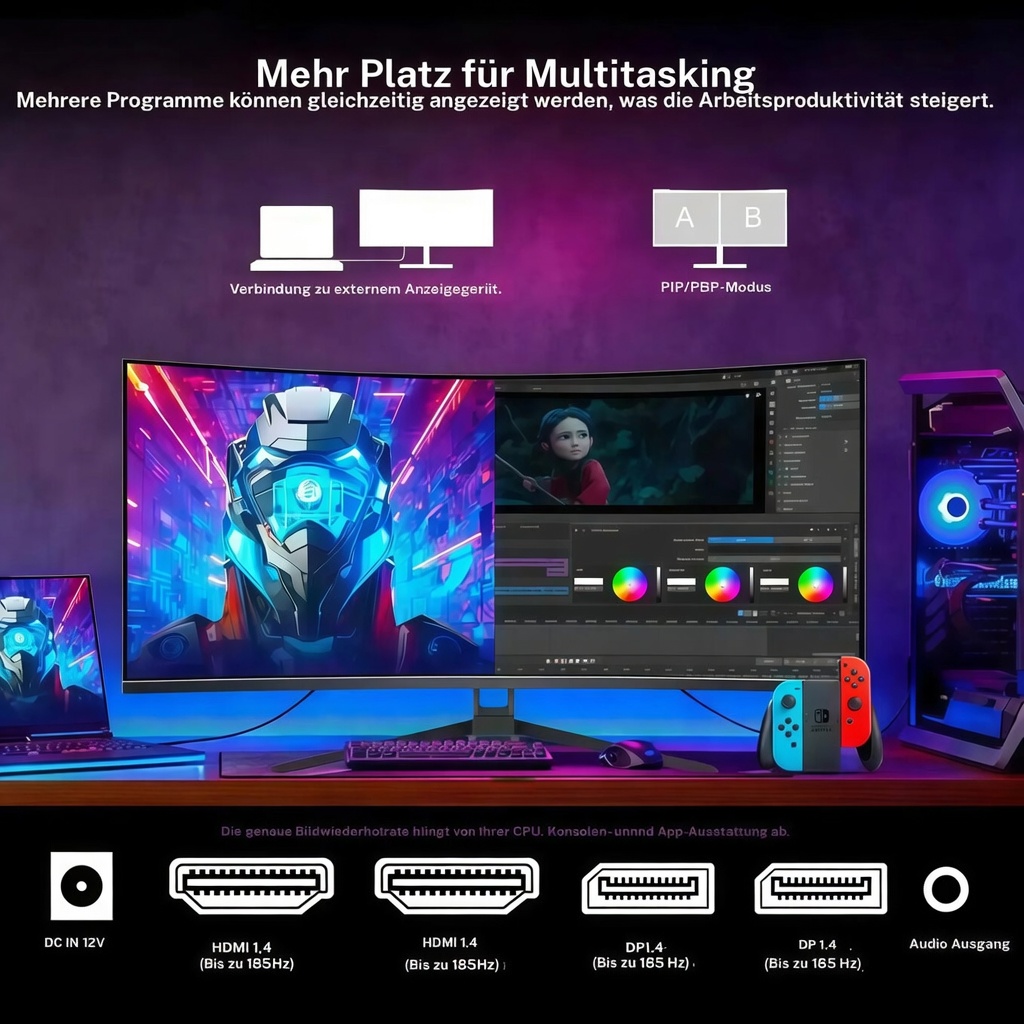 24/27/32/34 Zoll Curved Gaming Monitor 185Hz 1500/3000R WQHD (3440x1440) 4K mit Freesync, DisplayPort, HDMI, wandmontierbar