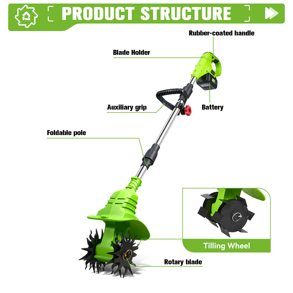 Umymall 8 In. Cordless Handheld Garden Tiller with Cultivating Blades & Tilling Wheels