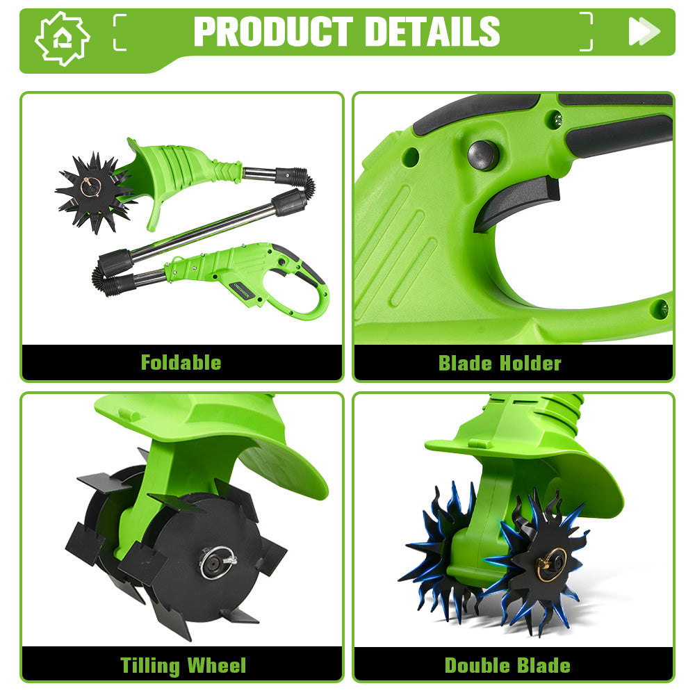 Umymall 8 In. Cordless Handheld Garden Tiller with Cultivating Blades & Tilling Wheels