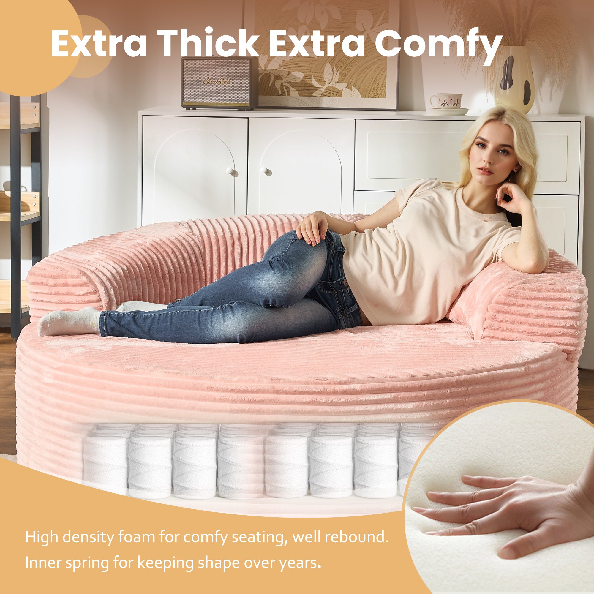  O-Shape Modular Couch, Plush Corduroy Fabric, No Assembly Required