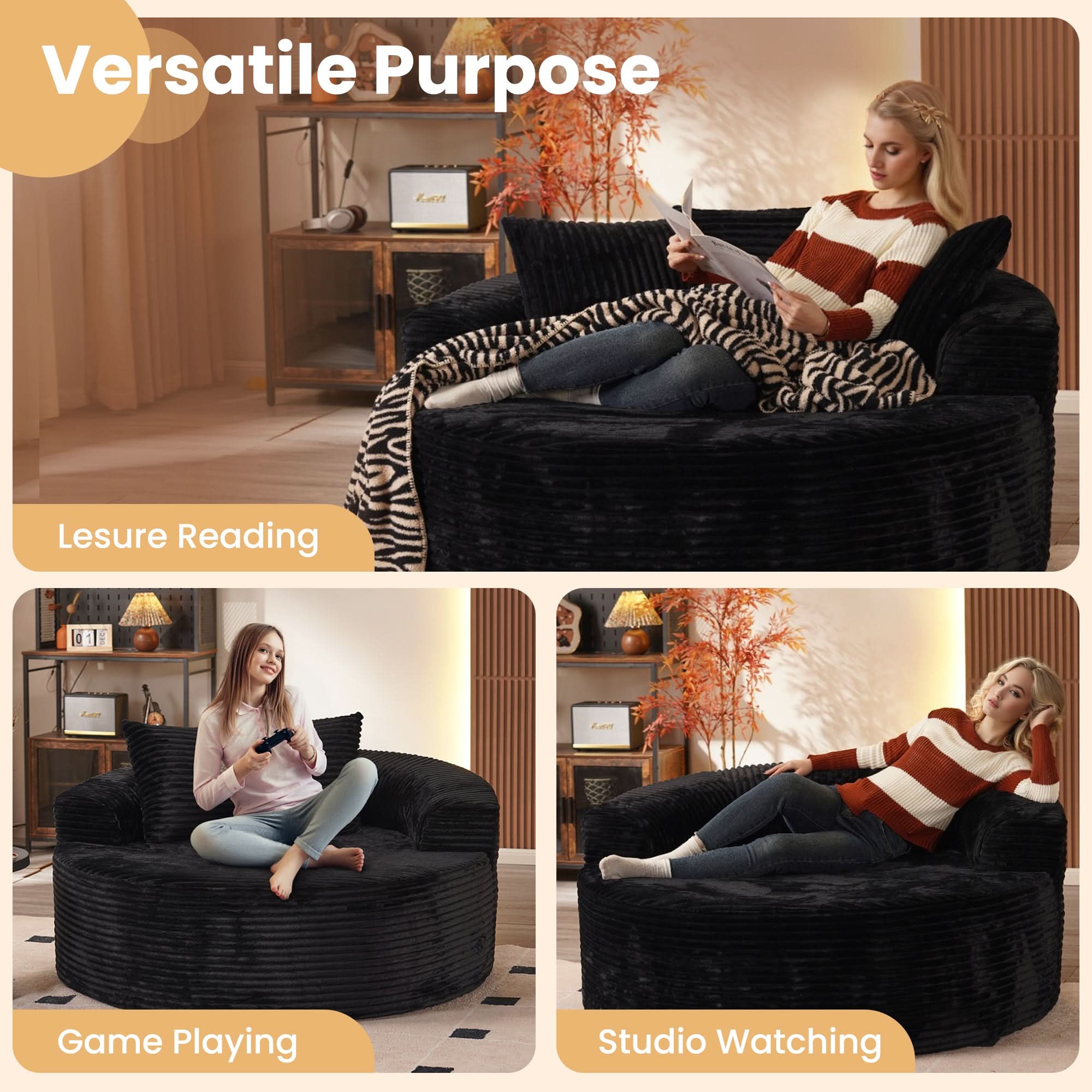  O-Shape Modular Couch, Plush Corduroy Fabric, No Assembly Required