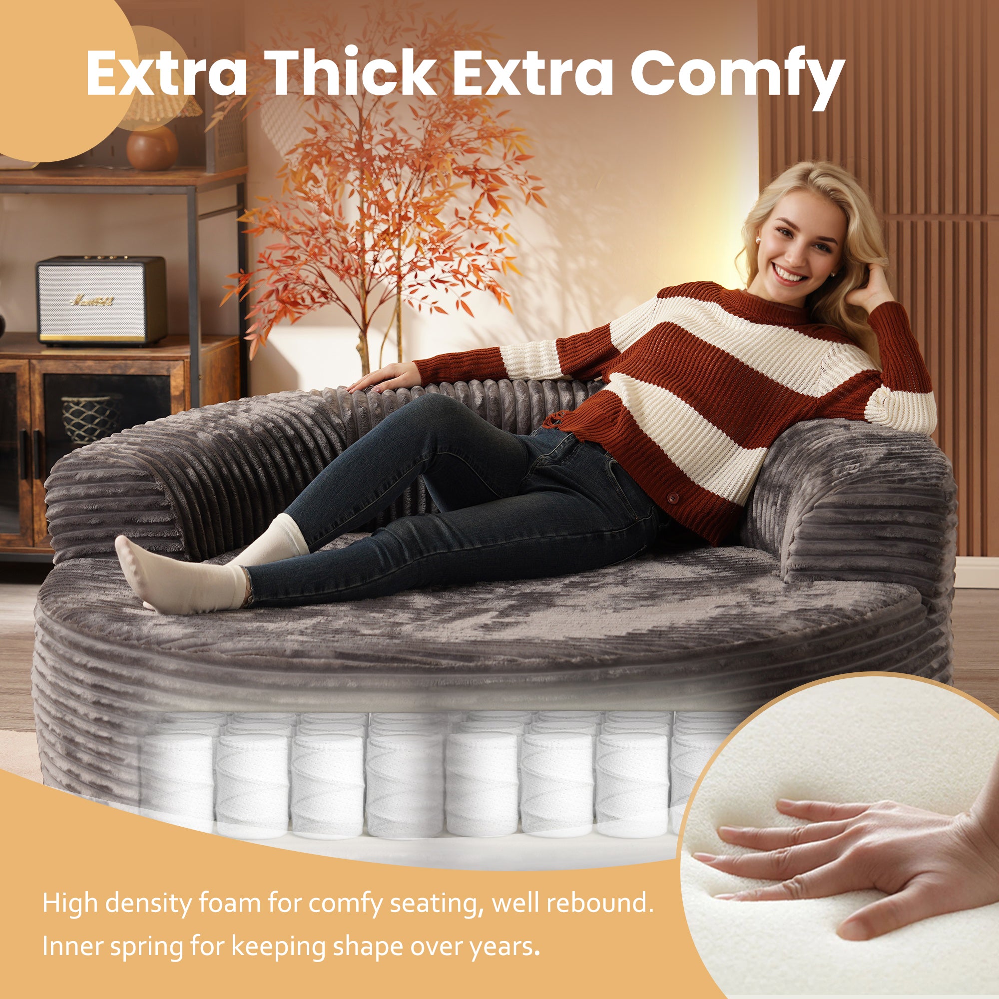  O-Shape Modular Couch, Plush Corduroy Fabric, No Assembly Required