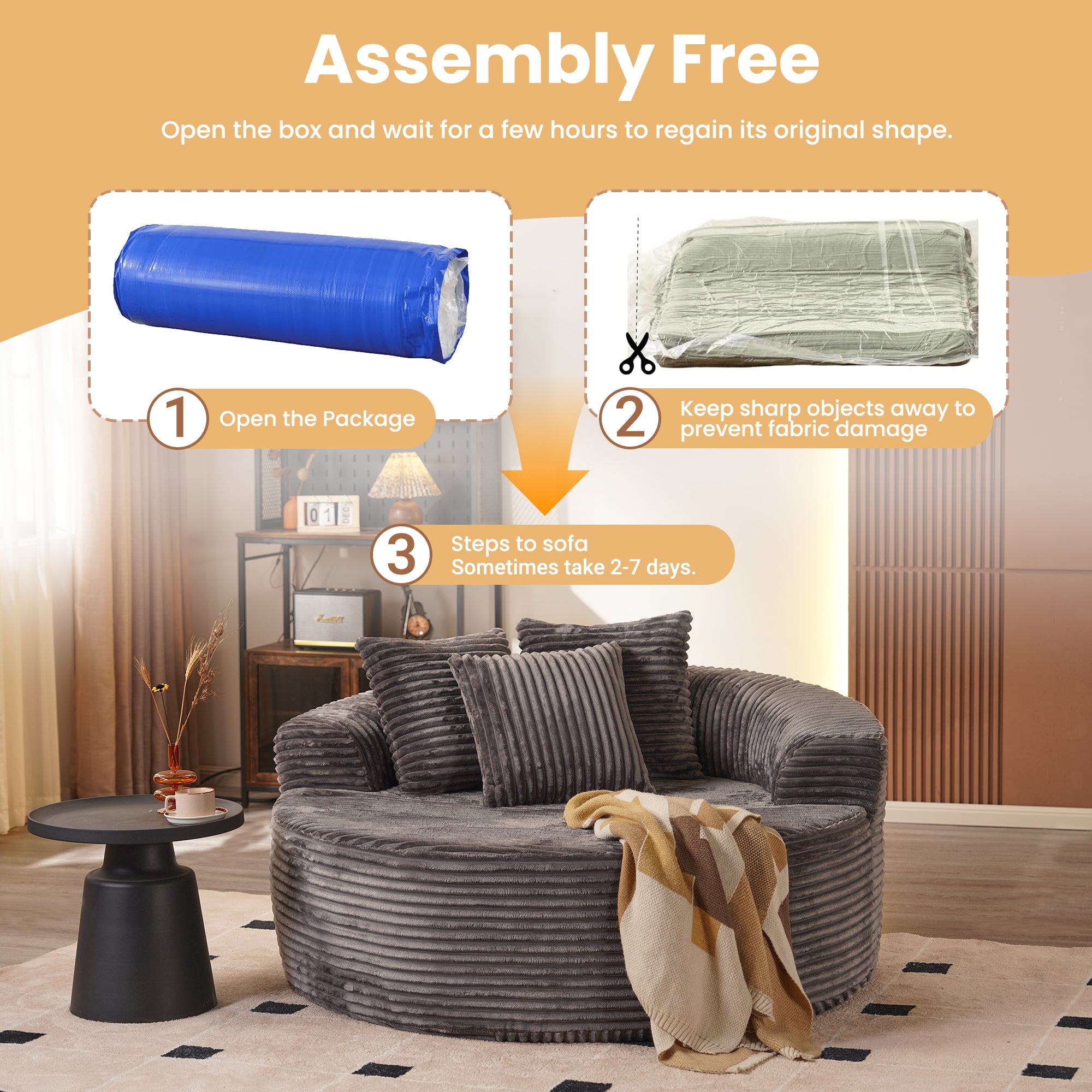  O-Shape Modular Couch, Plush Corduroy Fabric, No Assembly Required