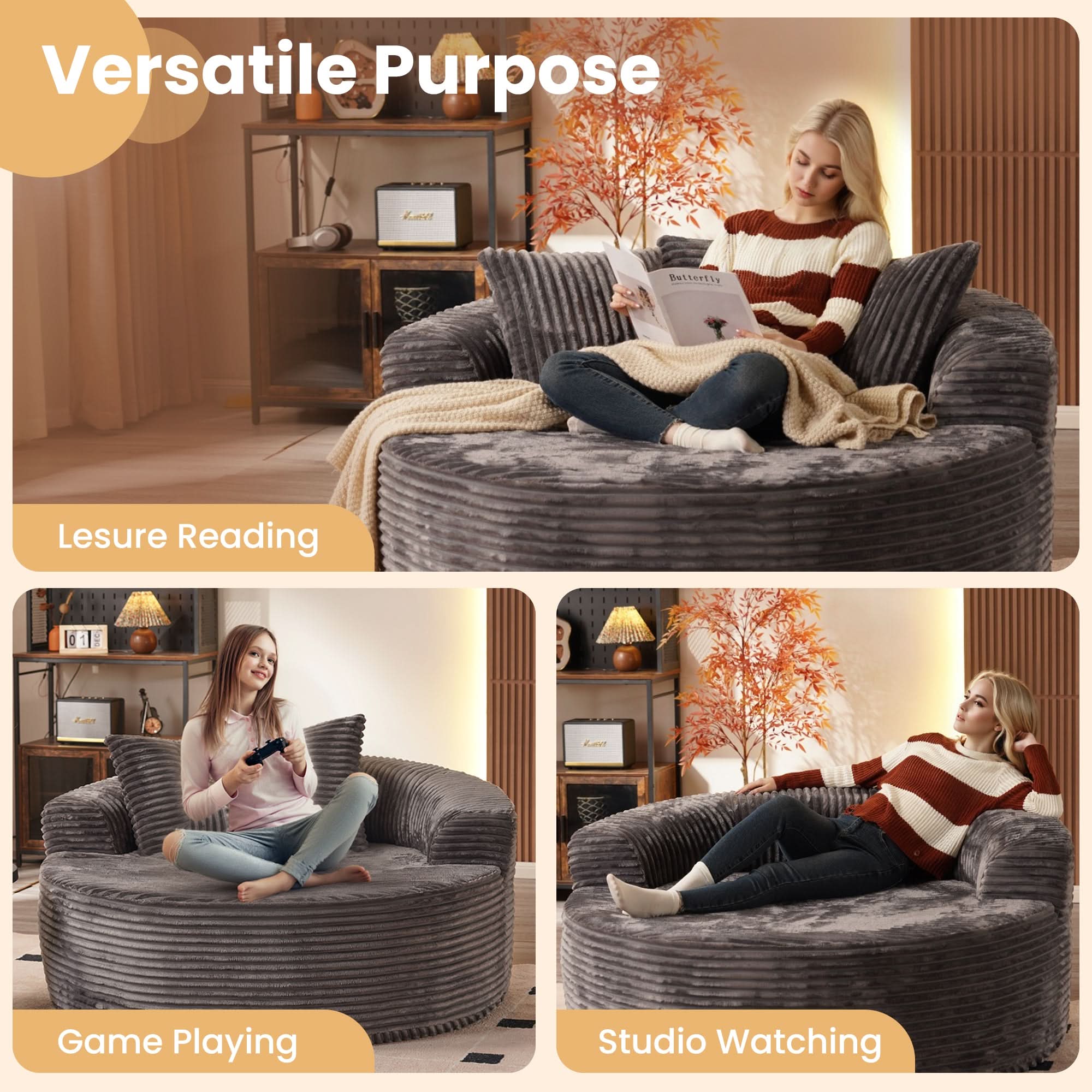  O-Shape Modular Couch, Plush Corduroy Fabric, No Assembly Required