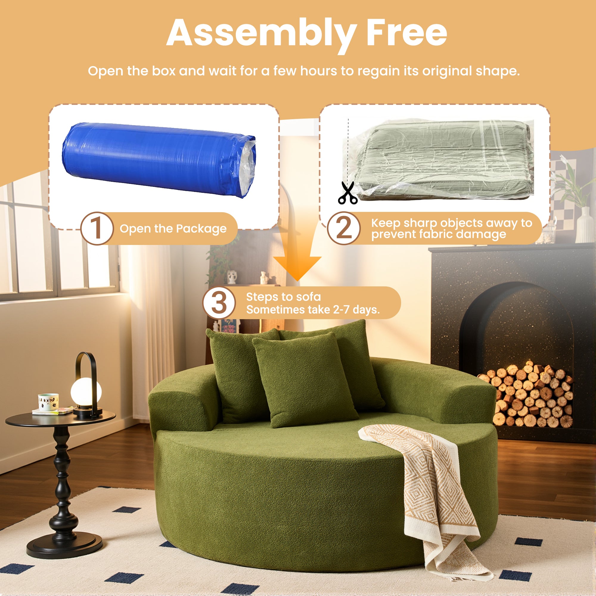  O-Shape Modular Couch, Plush Corduroy Fabric, No Assembly Required