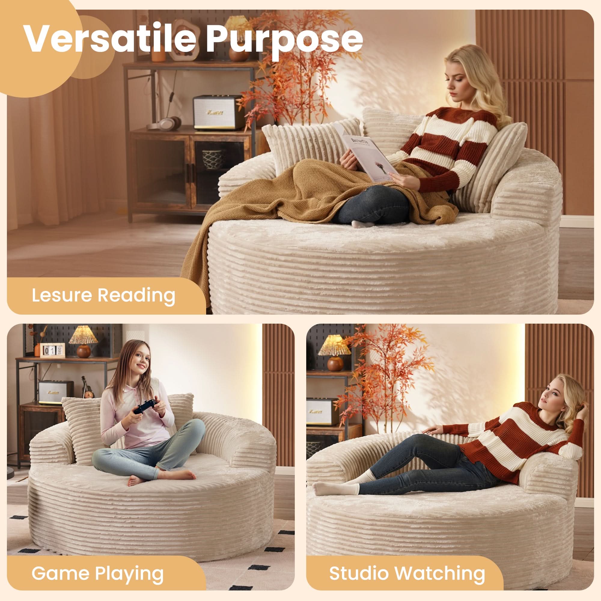  O-Shape Modular Couch, Plush Corduroy Fabric, No Assembly Required