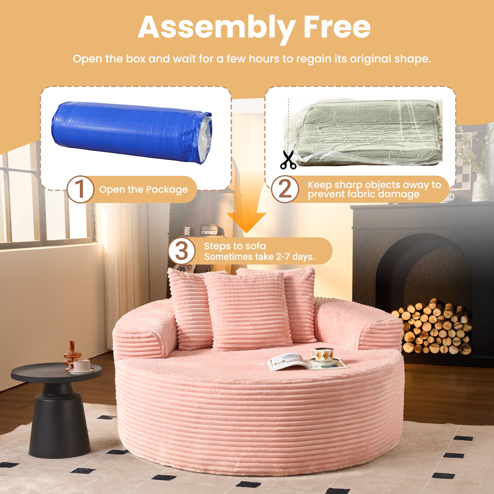  O-Shape Modular Couch, Plush Corduroy Fabric, No Assembly Required