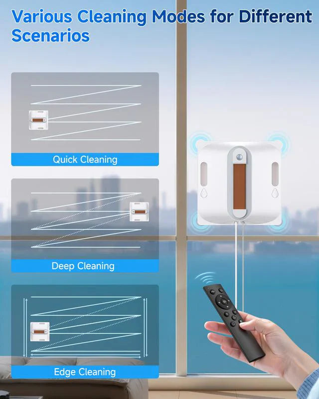 Automatischer Fenster- und Glasreinigungsroboter, ausgestattet mit einem vierstufigen Wassersprühsystem, achtstufigem Sicherheitsschutz, kollisionsresistenter Kantenerkennung und intelligenter Routenplanungsfunktion.