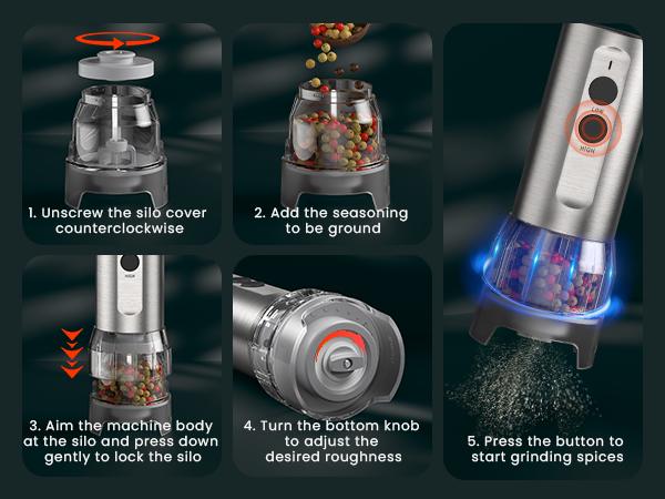 ODIFORGO Electric Salt and Pepper Grinder Set, 2026 New Upgrade, USB Rechargeable Automatic Pepper Mill, 3 Large Capacity Quick-Switch Silos, Adjustable Coarseness, Stainless Steel BBQ Grill Kitchen Gadget with LED Light summerwins