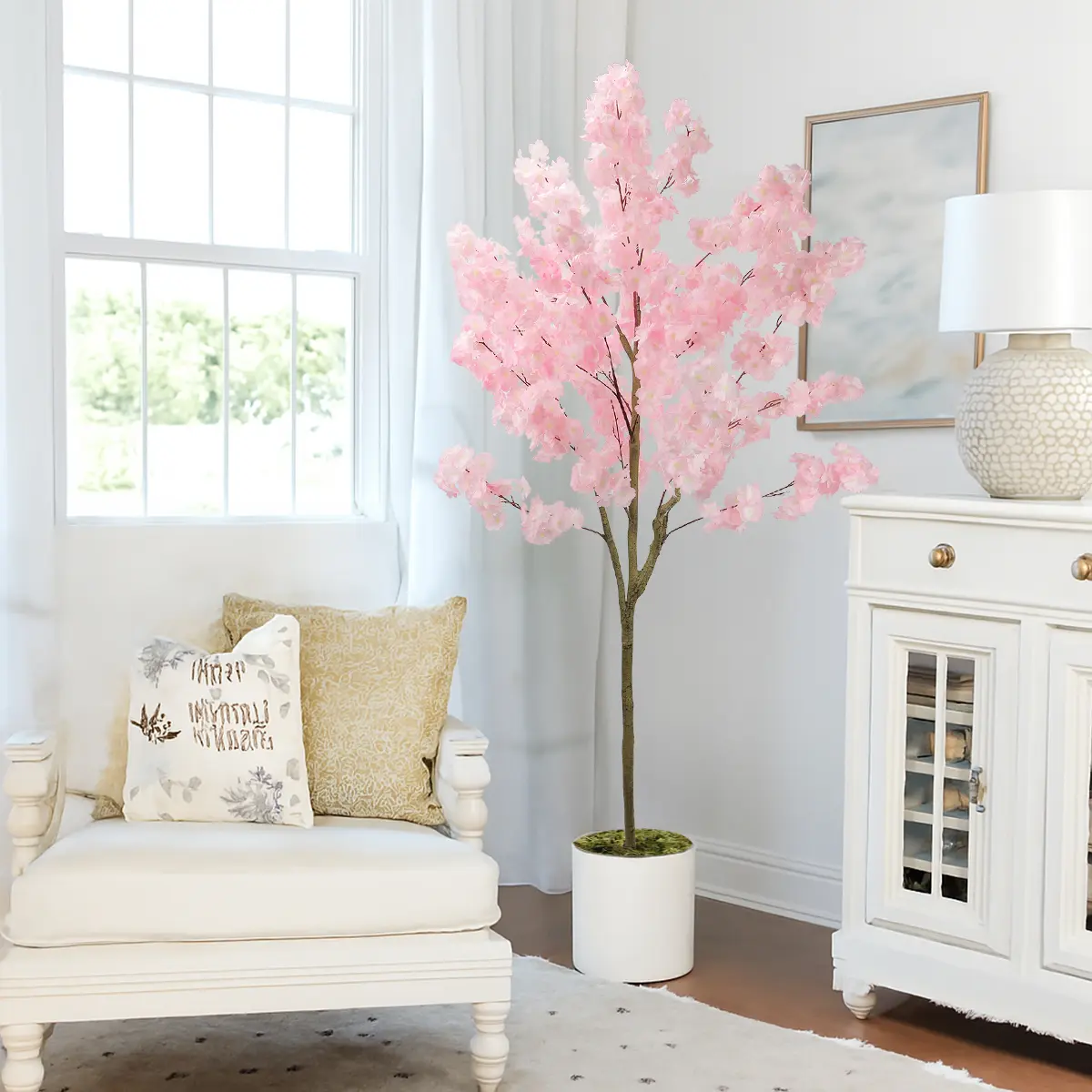 Elegant 6FT 7ft 8ft Artificial Cherry Blossom Tree with Cement Pot - Lifelike Silk Faux Floral Plant for Home Office Wedding Indoor Outdoor Decor Pink White