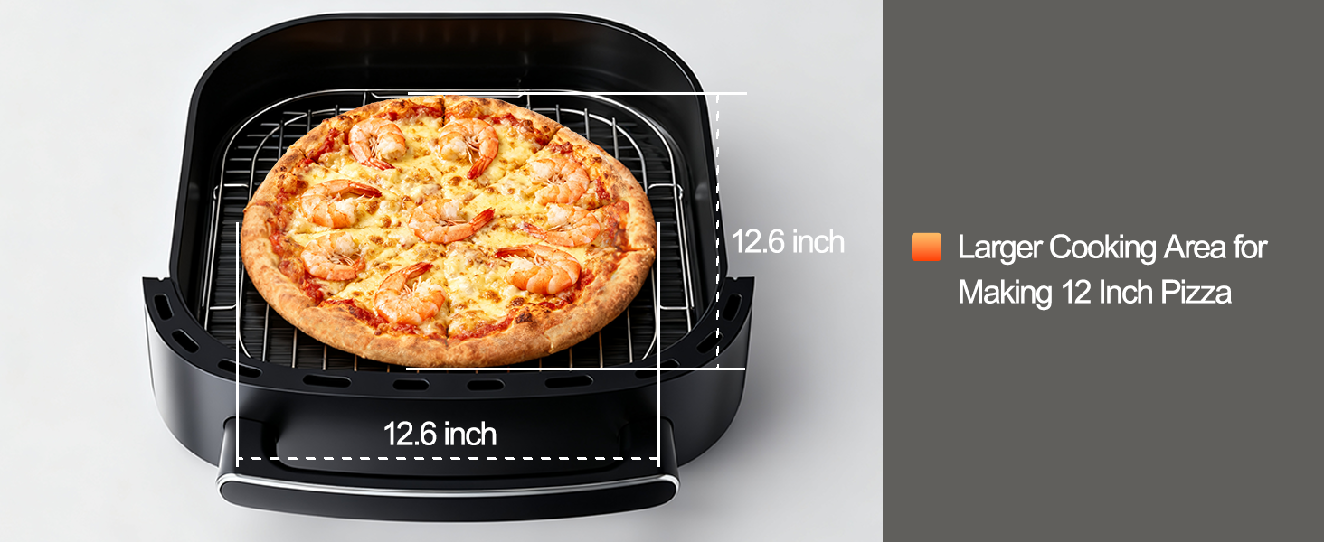 12 inch shrimp pizza inside the 12.6 inch wide cooking basket
