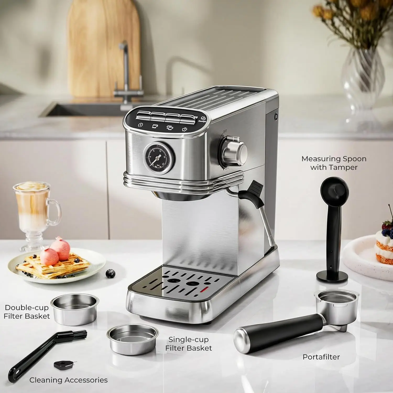 Espresso Machine with Milk Frother, 20 Bar Compact Espresso Maker with 45 OZ Removable Tank, Stainless Steel Coffee Machine for Home, Office, Latte, Cappuccino Silver summerwins