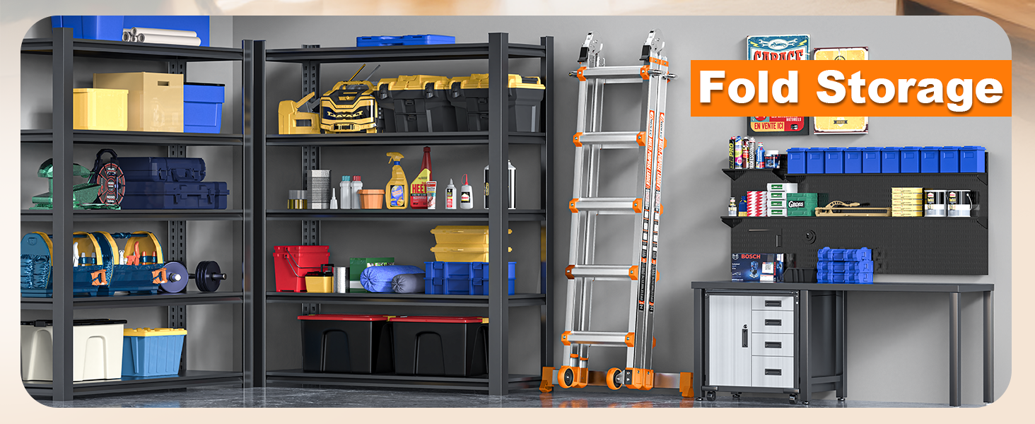 Folded ladder storage in garage