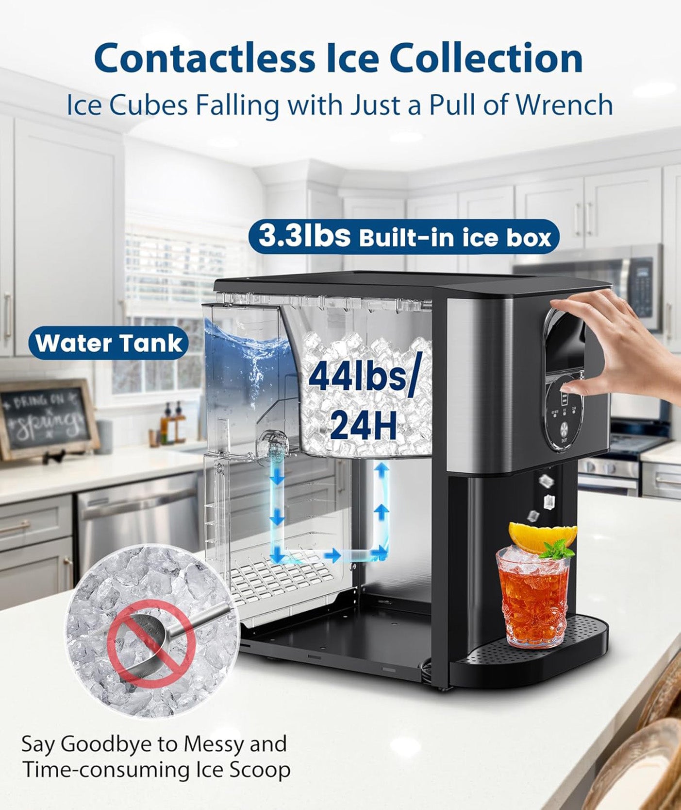 Silent Nugget Ice Maker 44lbs/24H Countertop Dispenser