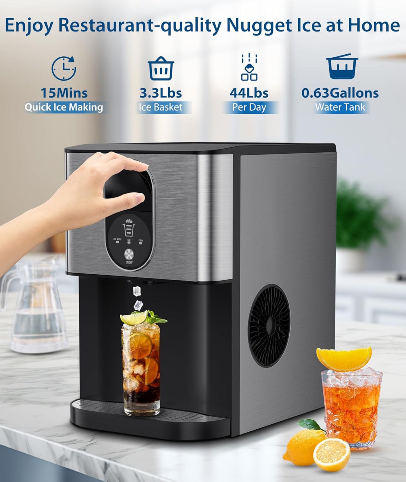 Silent Nugget Ice Maker 44lbs/24H Countertop Dispenser