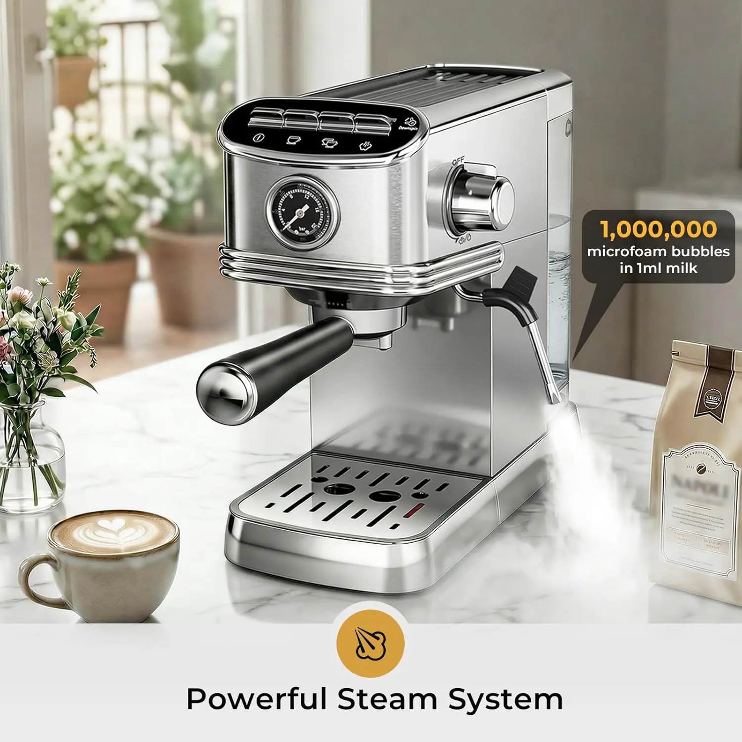 Espresso Machine with Milk Frother, 20 Bar Compact Espresso Maker with 45 OZ Removable Tank, Stainless Steel Coffee Machine for Home, Office, Latte, Cappuccino Silver summerwins