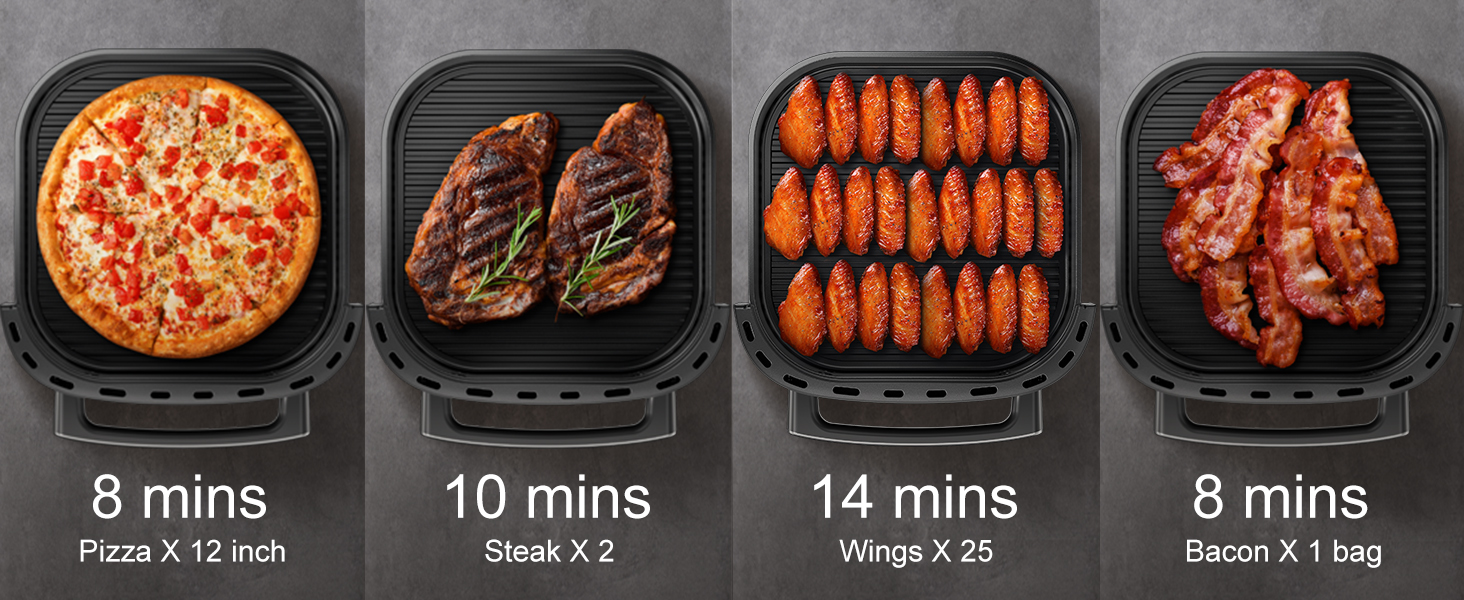 Four cooking examples: 12 inch pizza 8 mins, 2 steaks 10 mins, 25 wings 14 mins, 1 bag bacon 8 mins
