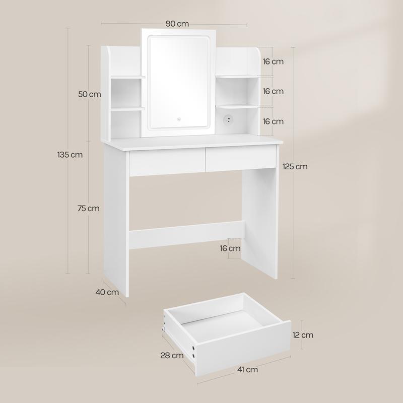 WOLTU Tocador con Espejo y Luz LED Regulable, con 2 Puertos USB, 1-tipoA 1-tipoC, Tocador Maquillaje de 2 Cajones y 4 Estantes, Blanco