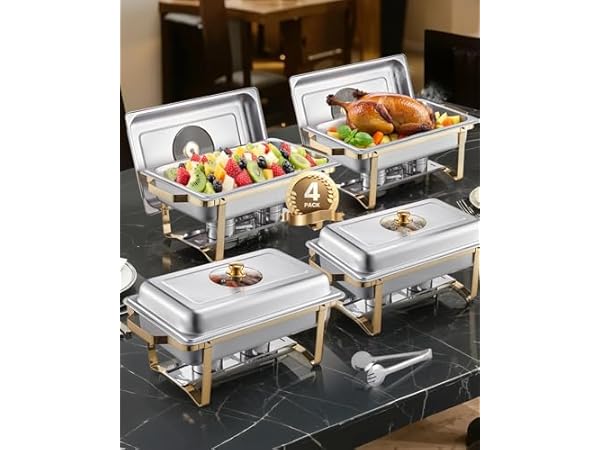 VEVOR Gold Chafing Dish Buffet Set - 4 pack stainless steel warming dishes with glass lids on black countertop