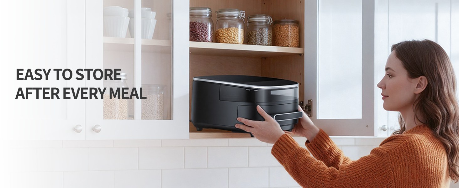 Woman easily storing the EDENPEER air fryer inside a kitchen cabinet