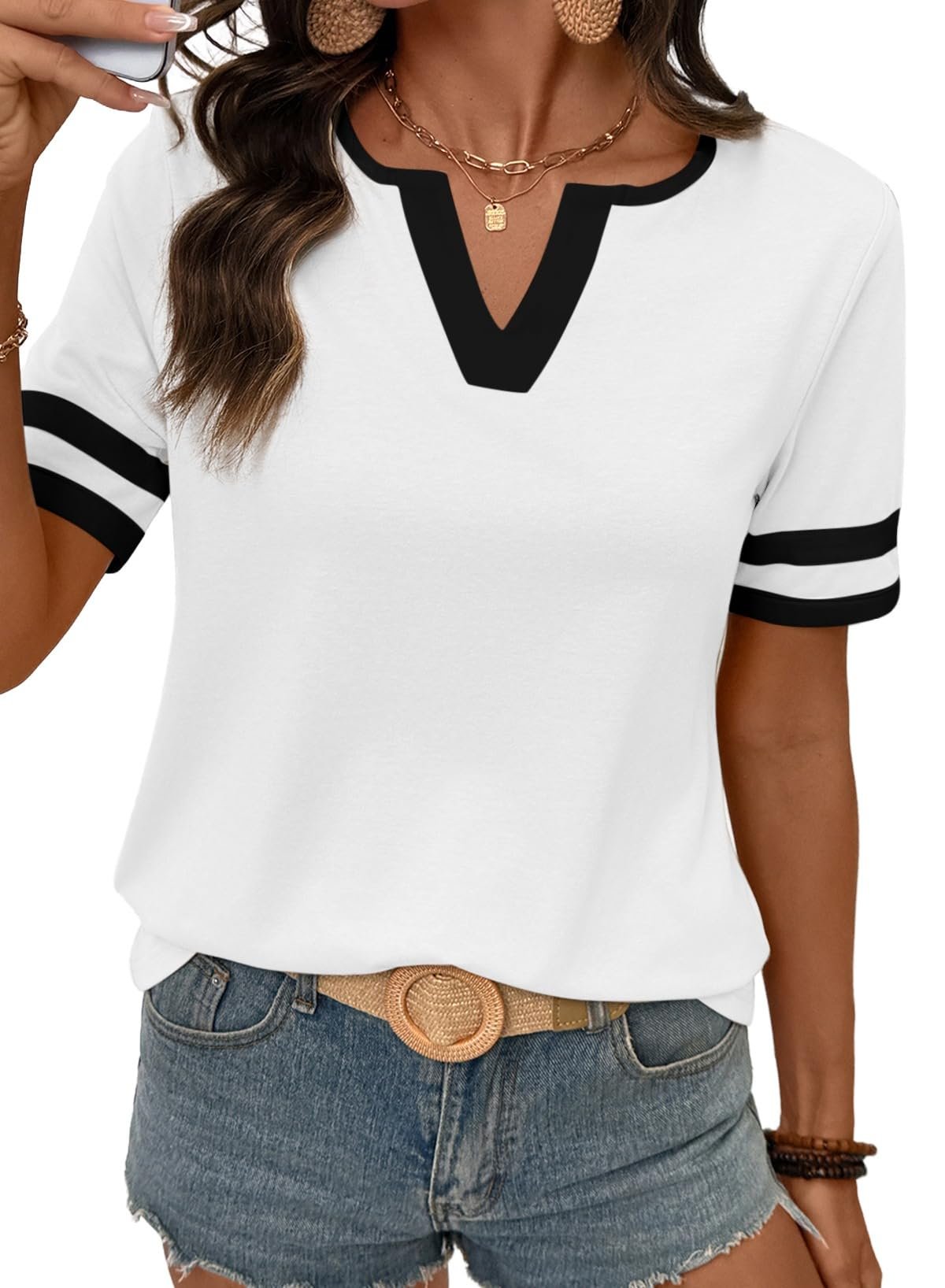 🌞2026 Spring/Summer Women's Casual Colorblock V-Neck T-Shirt - White with Black Trim, Short Sleeve Loose Fit Top with Striped Cuffs