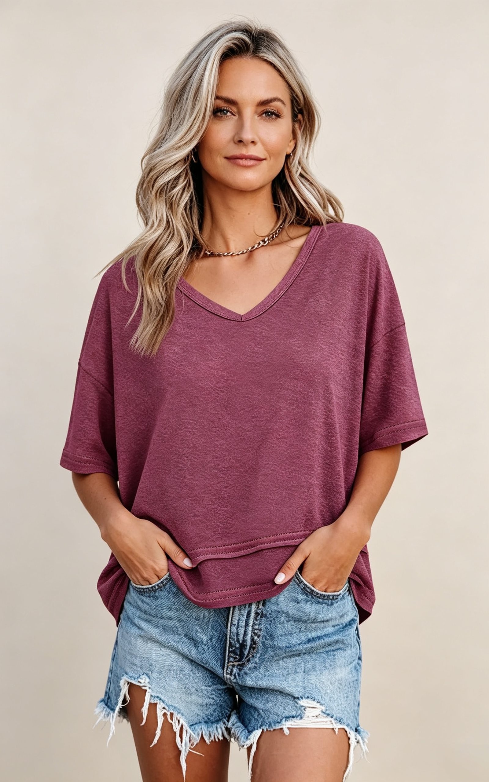 Limited time sale🔥Women's V-neck Mid-length Sleeve Spliced Hem Basic Top