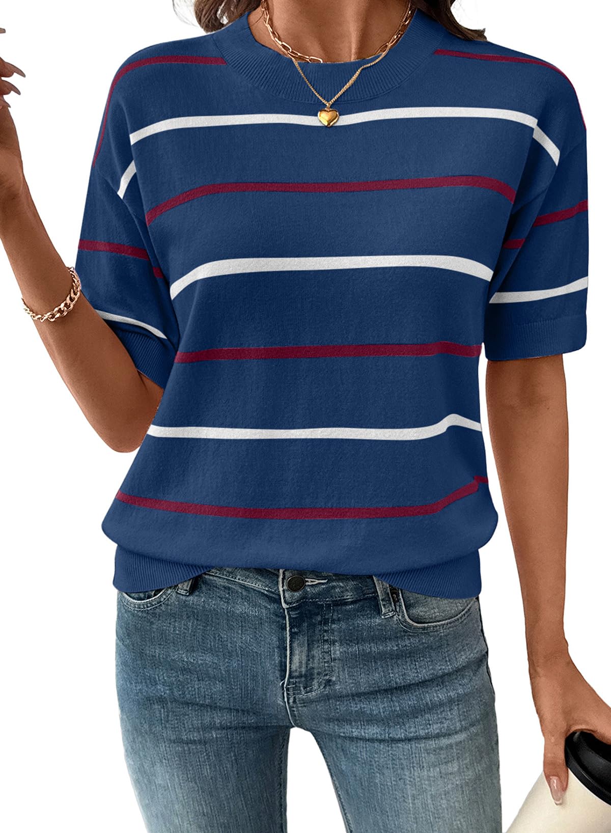 Limited time sale🔥Womens Tops Crewneck Short Sleeve Sweater Pullover Knit Striped Shirt
