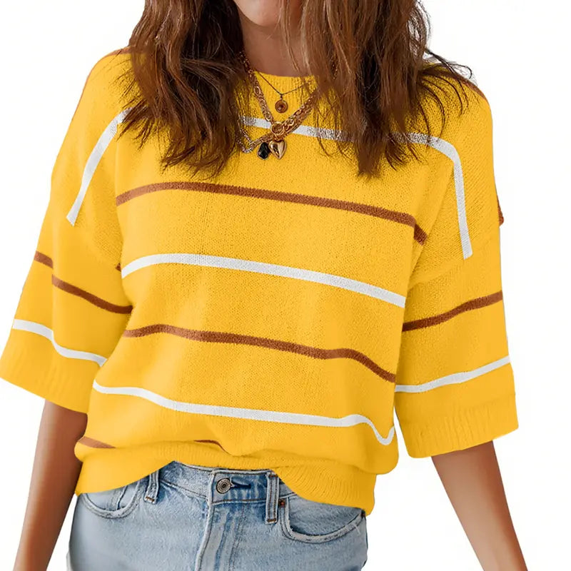 Limited time sale🔥Womens Tops Crewneck Short Sleeve Sweater Pullover Knit Striped Shirt