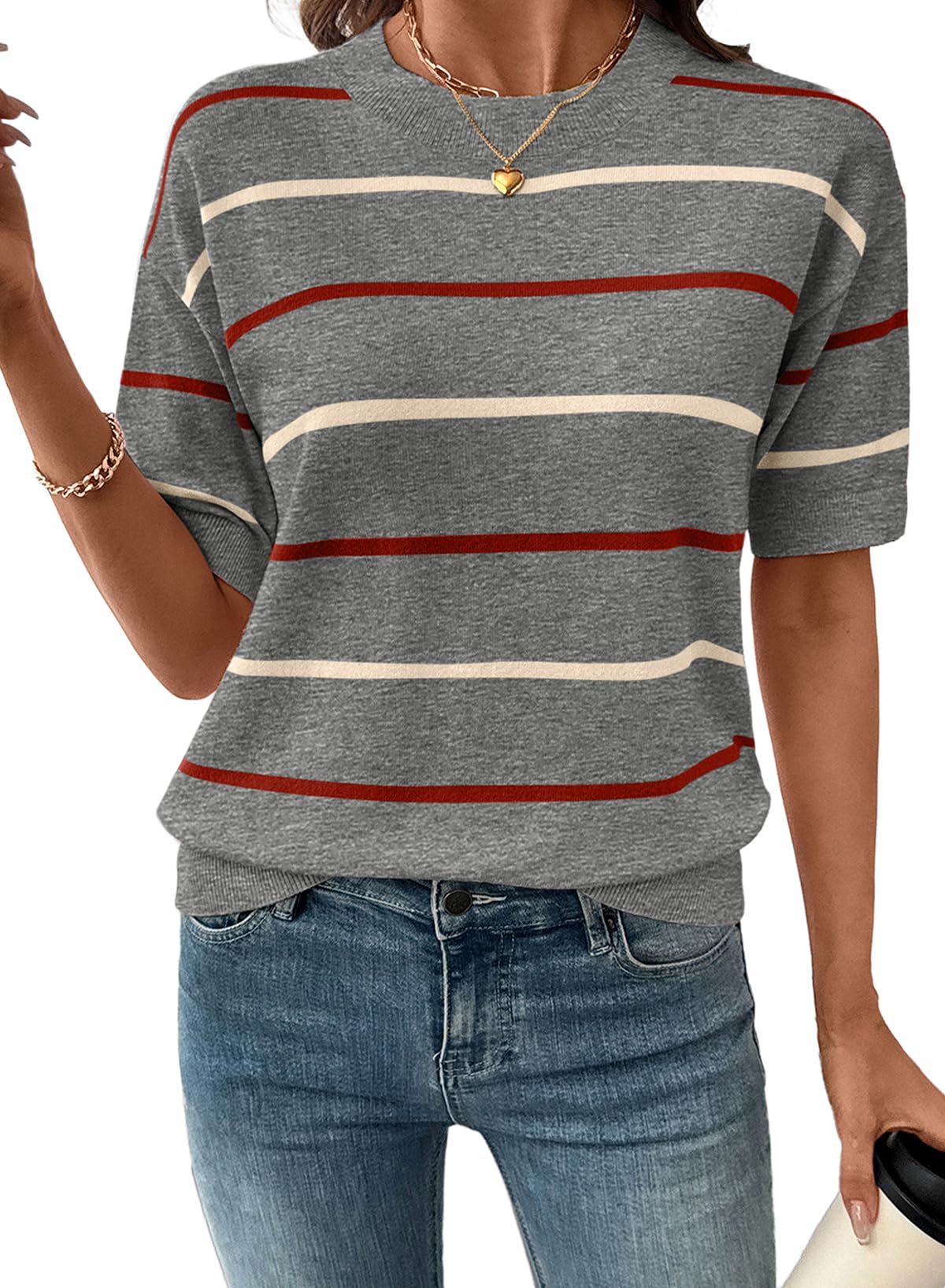 Limited time sale🔥Womens Tops Crewneck Short Sleeve Sweater Pullover Knit Striped Shirt