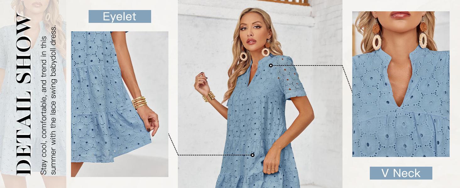 Wenrine Women&rsquo;s Summer Lace Dresses Eyelet Casual Flowy Babydoll Swing Short Sleeve V Neck Tunic Dress