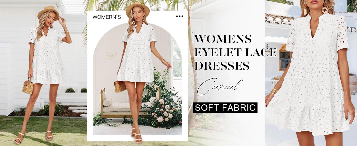 Wenrine Women&rsquo;s Summer Lace Dresses Eyelet Casual Flowy Babydoll Swing Short Sleeve V Neck Tunic Dress