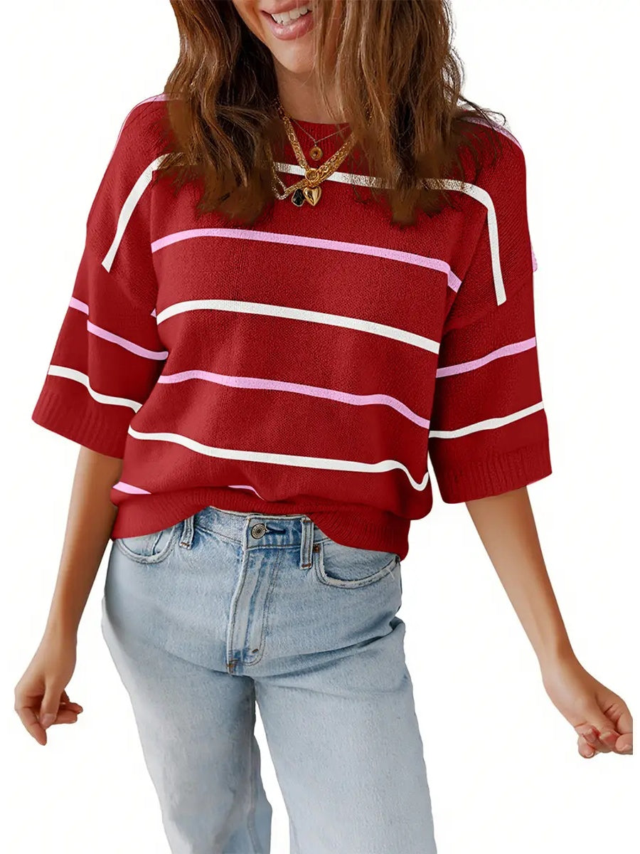 Limited time sale🔥Womens Tops Crewneck Short Sleeve Sweater Pullover Knit Striped Shirt