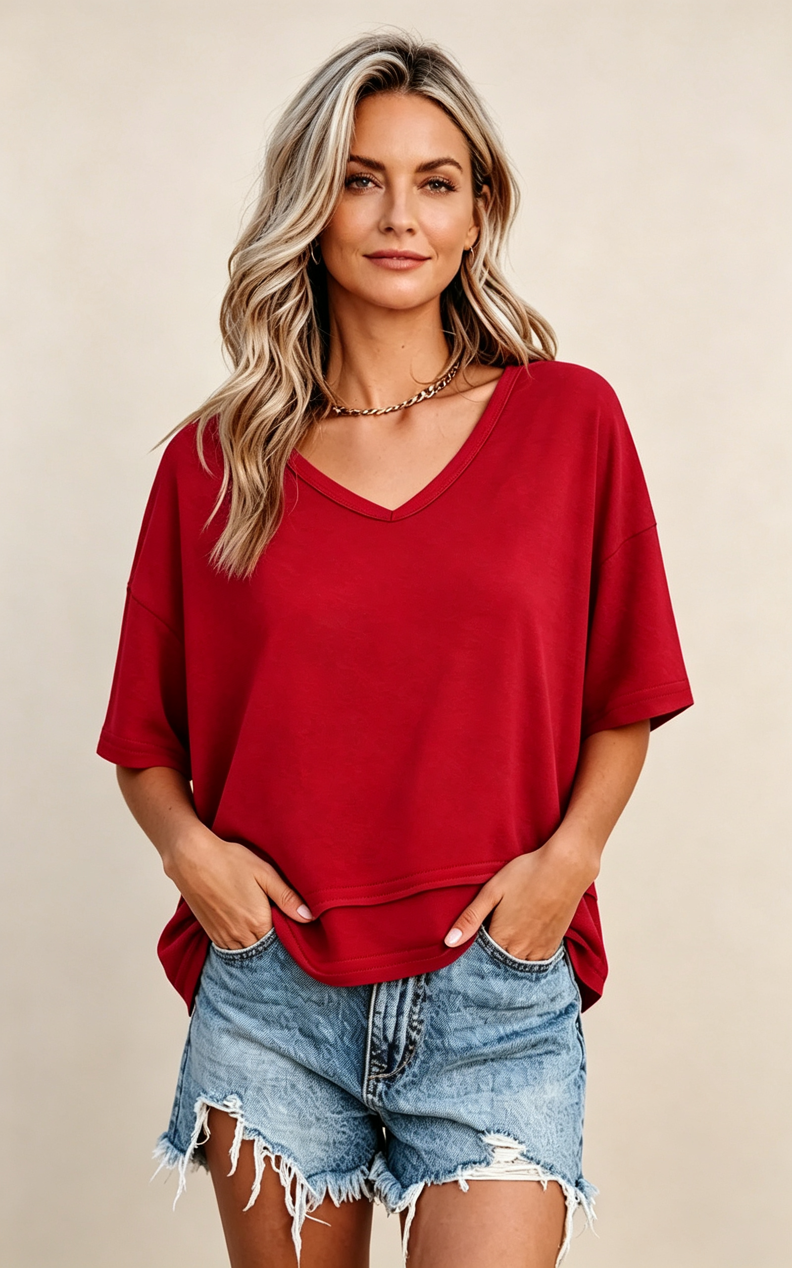 Limited time sale🔥Women's V-neck Mid-length Sleeve Spliced Hem Basic Top