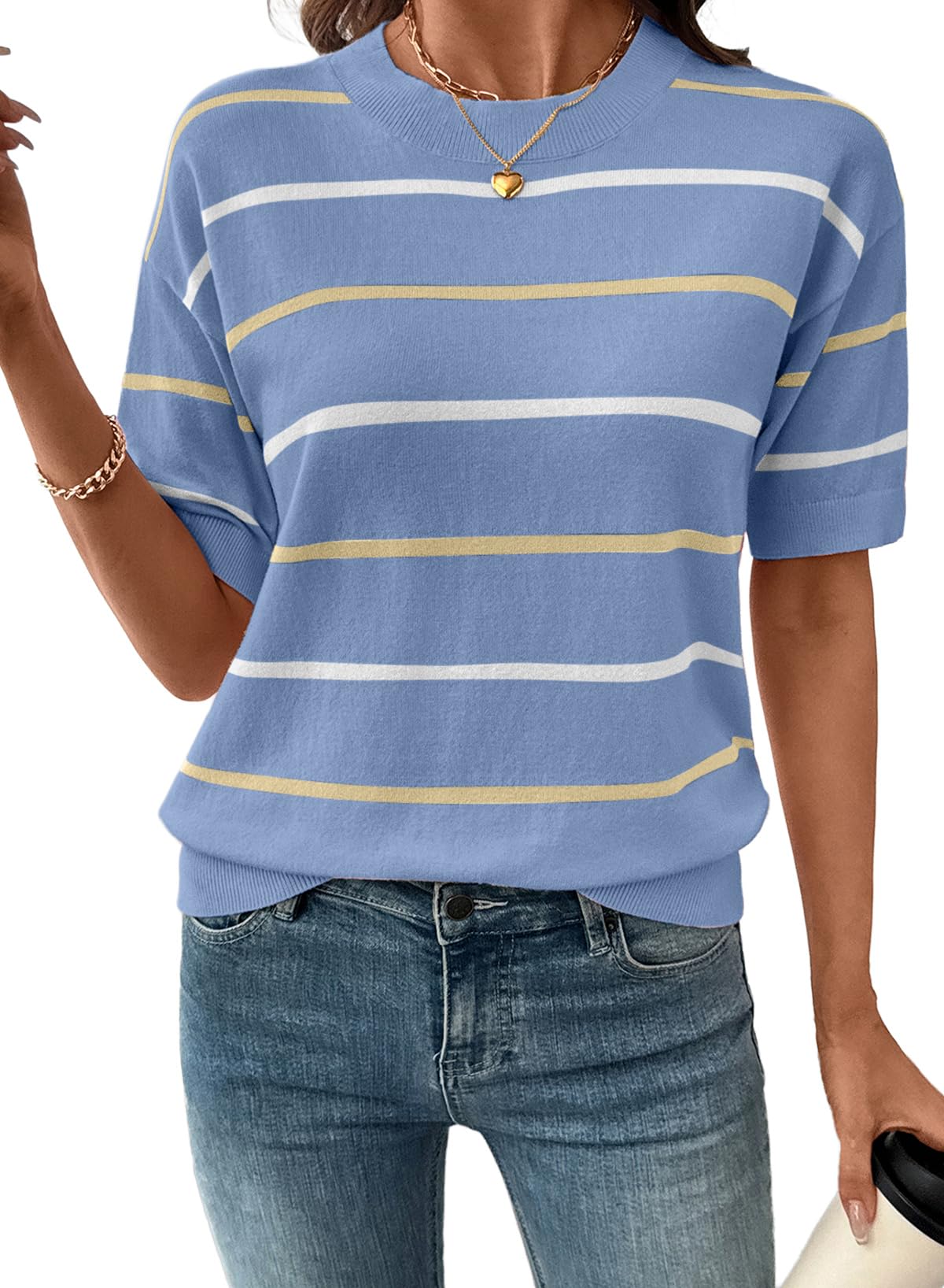 Limited time sale🔥Womens Tops Crewneck Short Sleeve Sweater Pullover Knit Striped Shirt