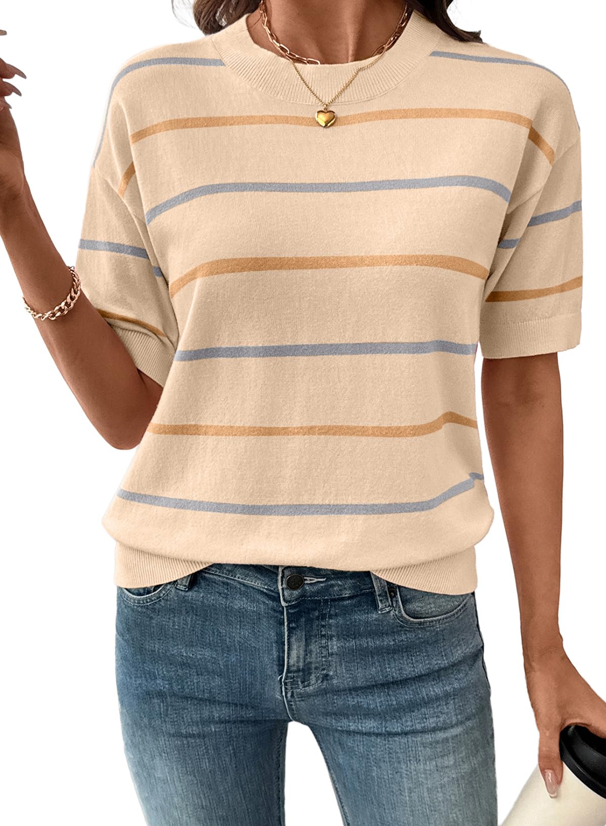 Limited time sale🔥Womens Tops Crewneck Short Sleeve Sweater Pullover Knit Striped Shirt
