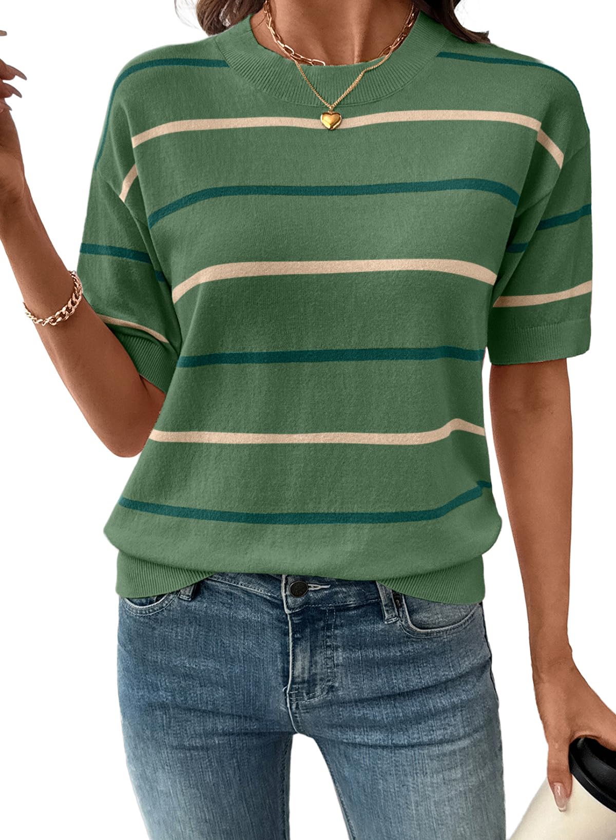 Limited time sale🔥Womens Tops Crewneck Short Sleeve Sweater Pullover Knit Striped Shirt