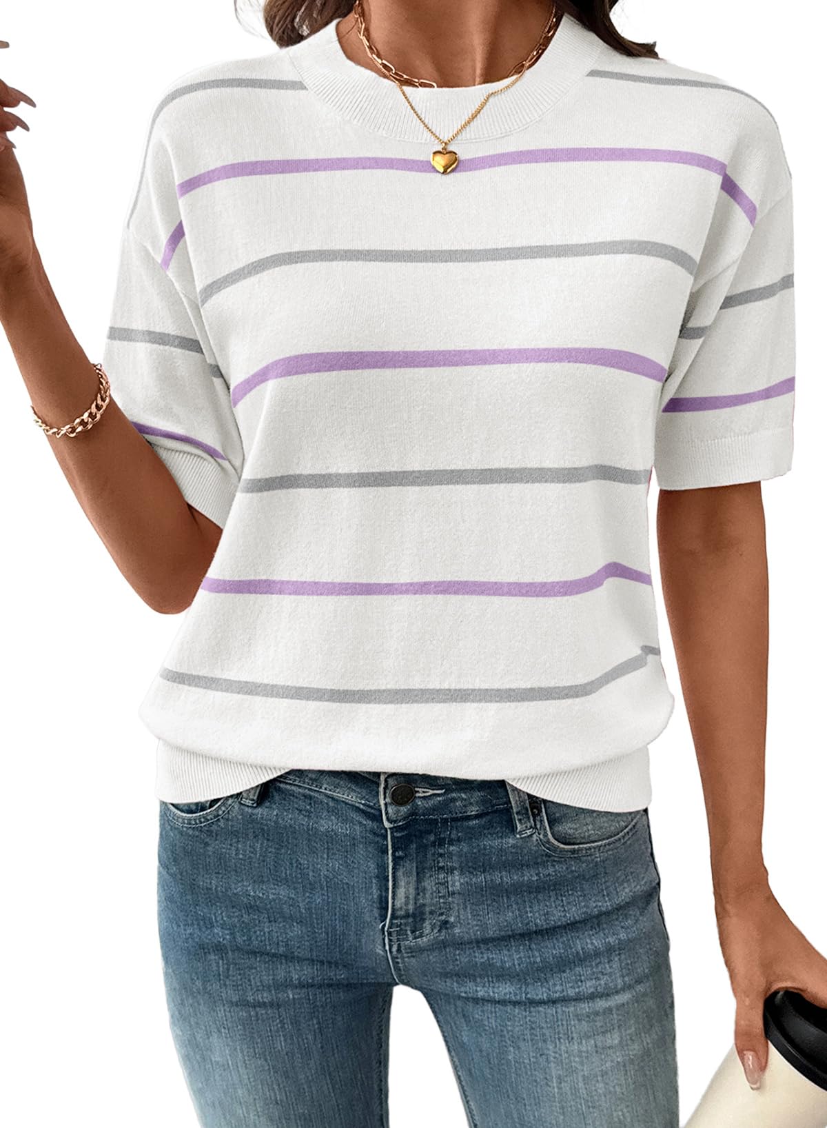 Limited time sale🔥Womens Tops Crewneck Short Sleeve Sweater Pullover Knit Striped Shirt