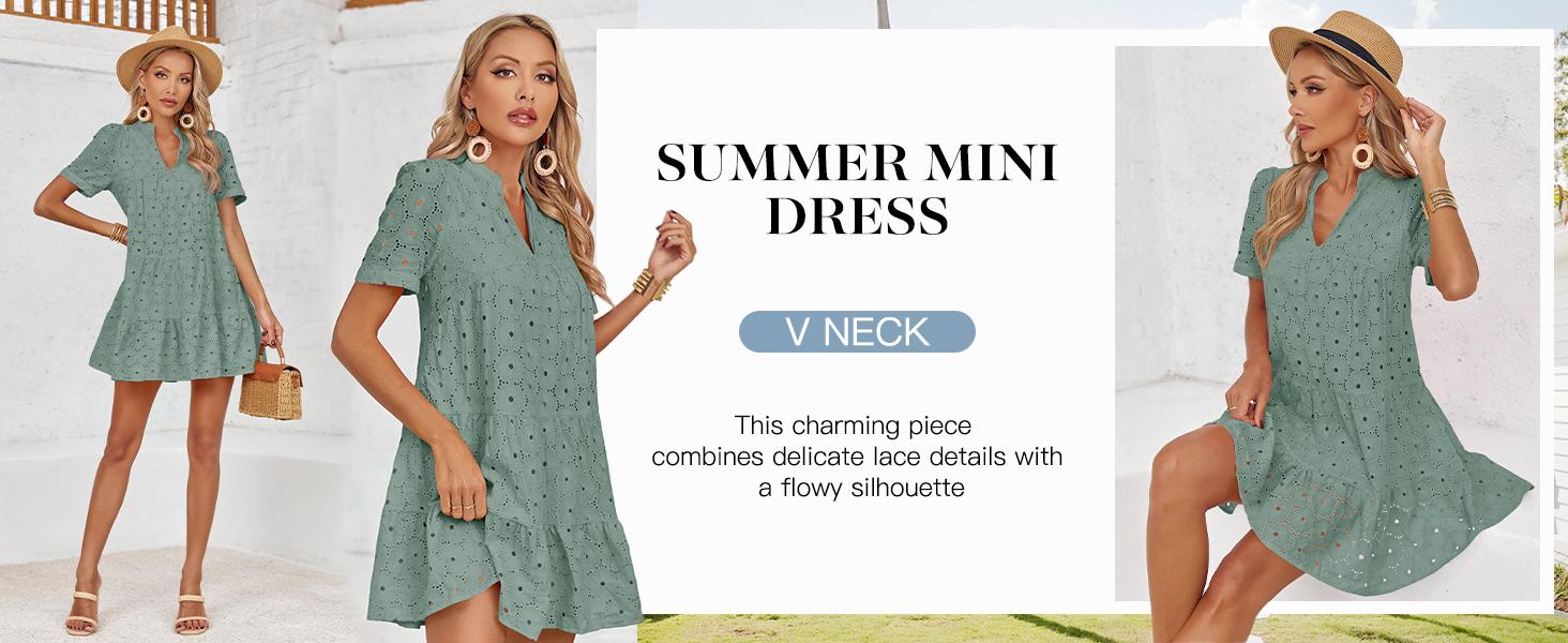 Wenrine Women&rsquo;s Summer Lace Dresses Eyelet Casual Flowy Babydoll Swing Short Sleeve V Neck Tunic Dress
