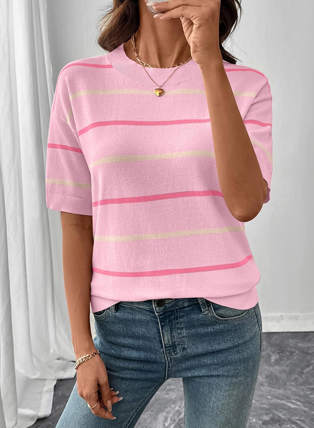 Limited time sale🔥Womens Tops Crewneck Short Sleeve Sweater Pullover Knit Striped Shirt