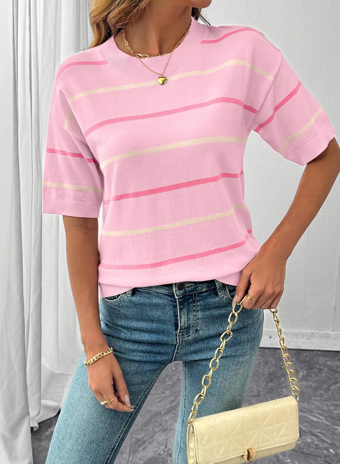 Limited time sale🔥Womens Tops Crewneck Short Sleeve Sweater Pullover Knit Striped Shirt