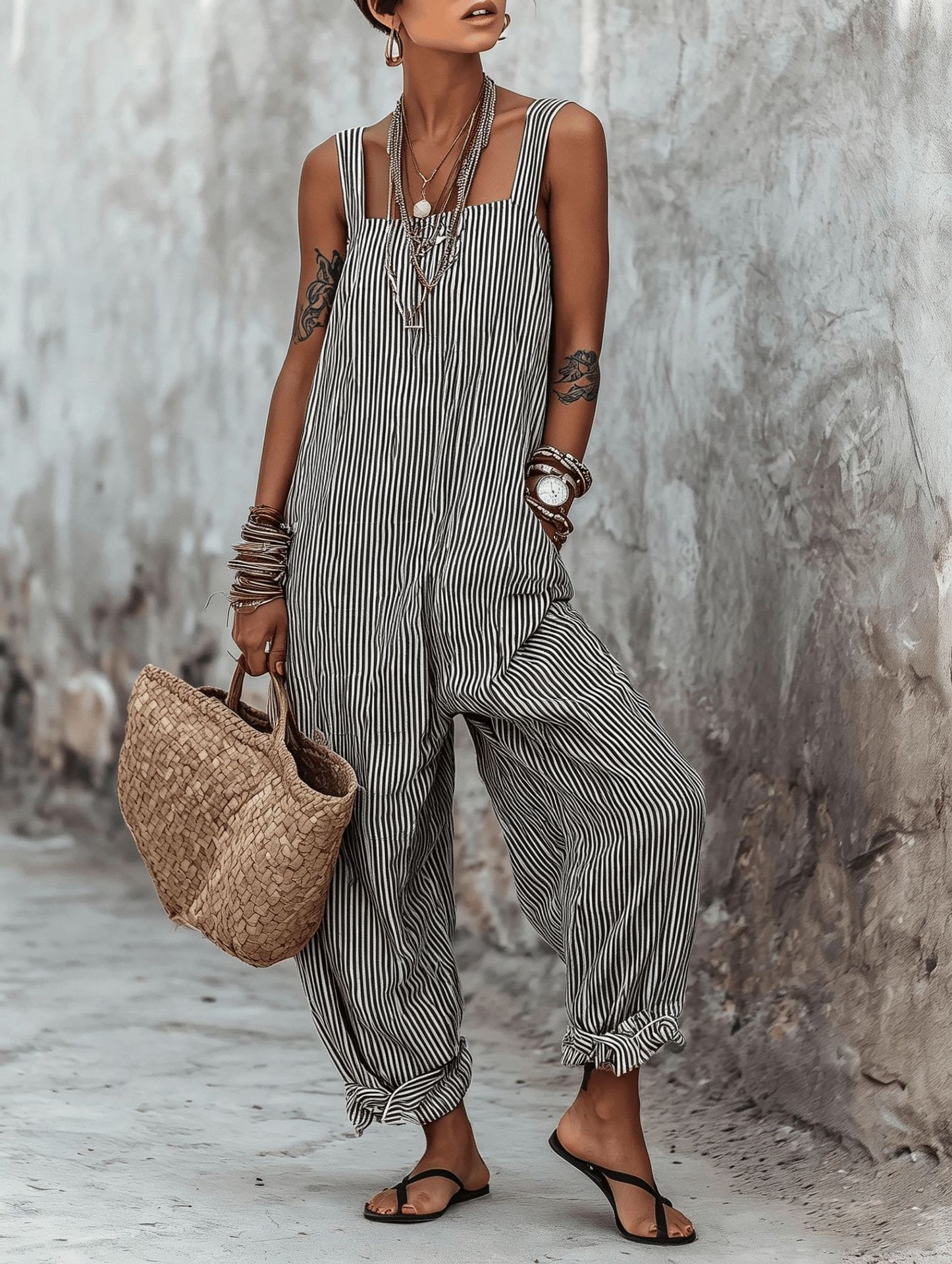 Women's Minimalist Striped Loose-Fit Square-Neck Sleeveless Jumpsuit