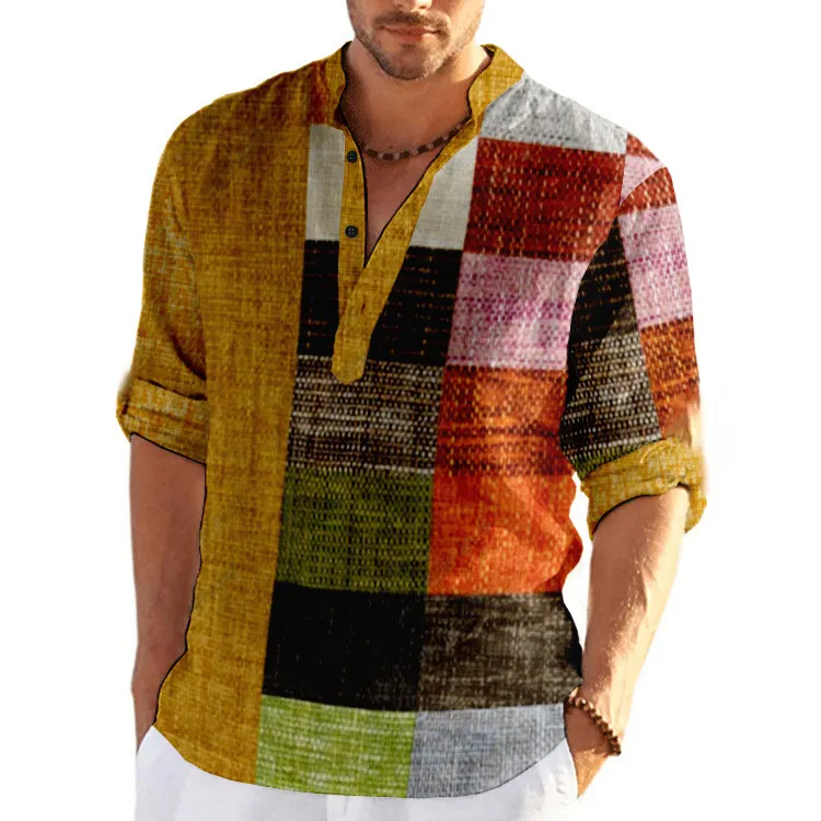 Men's Patchwork Plaid Shirt - Mandarin Collar Button Top