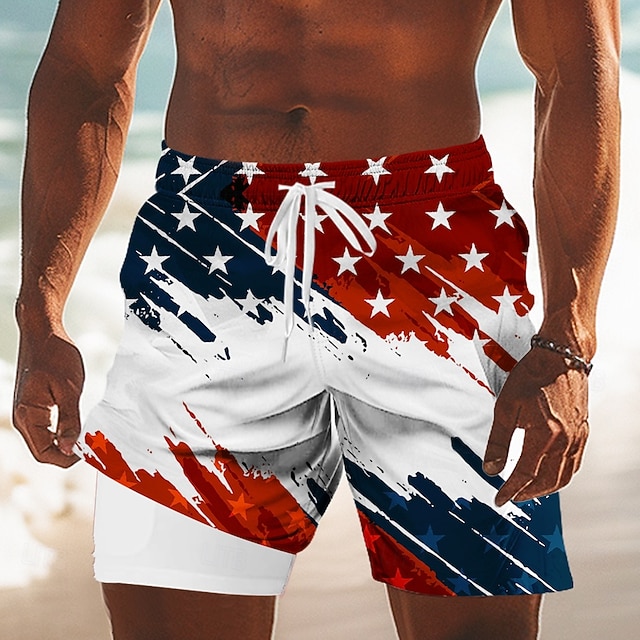 Men's US Flag America's 250th Anniversary Lined Shorts 2 in 1 Board Shorts Swim Shorts Mid Waist Patriotic Holiday Side Pockets With Compression Liner Elastic Drawstring Waist Designer Clothing