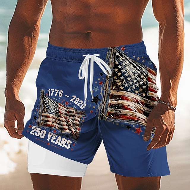 Men's US Flag America's 250th Anniversary Lined Shorts 2 in 1 Board Shorts Swim Shorts Mid Waist Patriotic Holiday Side Pockets With Compression Liner Elastic Drawstring Waist Designer Clothing