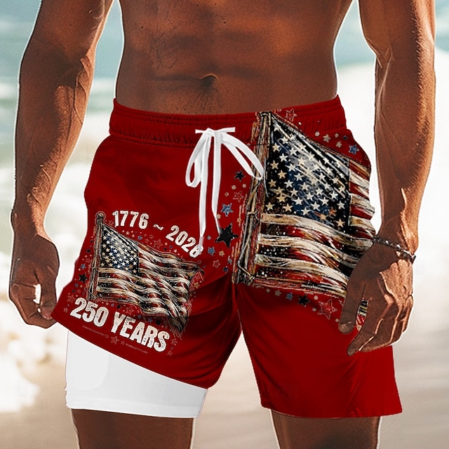 Men's US Flag America's 250th Anniversary Lined Shorts 2 in 1 Board Shorts Swim Shorts Mid Waist Patriotic Holiday Side Pockets With Compression Liner Elastic Drawstring Waist Designer Clothing