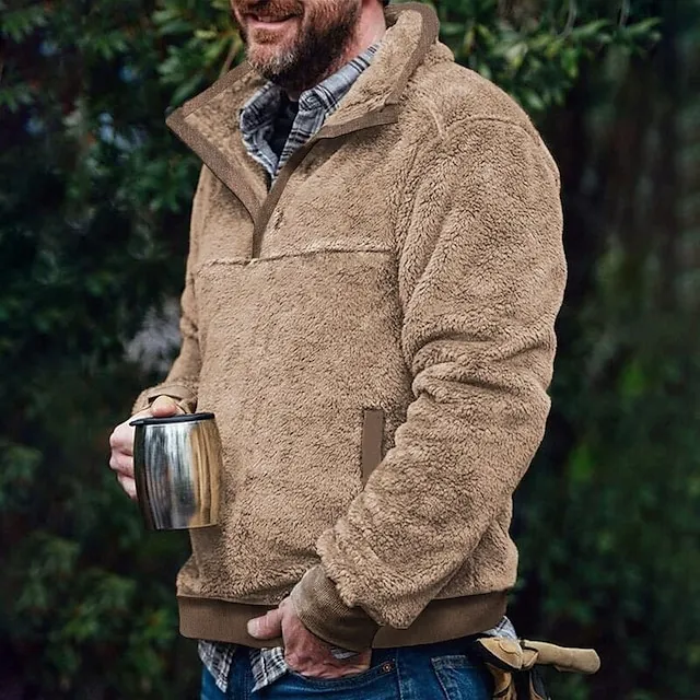 Men's Sweatshirt Polar Fleece Blue Brown Standing Collar Color Block Patchwork Pocket Sports 