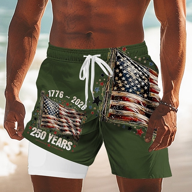 Men's US Flag America's 250th Anniversary Lined Shorts 2 in 1 Board Shorts Swim Shorts Mid Waist Patriotic Holiday Side Pockets With Compression Liner Elastic Drawstring Waist Designer Clothing