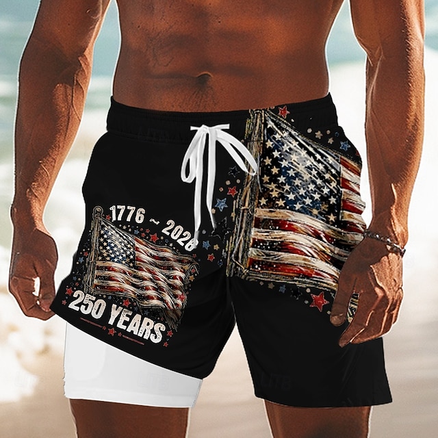 Men's US Flag America's 250th Anniversary Lined Shorts 2 in 1 Board Shorts Swim Shorts Mid Waist Patriotic Holiday Side Pockets With Compression Liner Elastic Drawstring Waist Designer Clothing