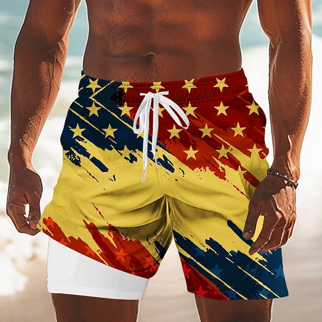 Men's US Flag America's 250th Anniversary Lined Shorts 2 in 1 Board Shorts Swim Shorts Mid Waist Patriotic Holiday Side Pockets With Compression Liner Elastic Drawstring Waist Designer Clothing